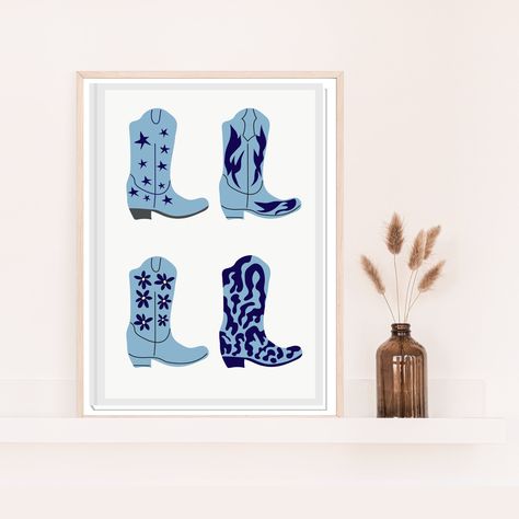 Blue Cowboy Boot Print, Cowboy Boots Illustration, Dorm Room Paintings, Boots Illustration, Boot Wall, Blue Cowgirl Boots, Boots Art, Blue Cowboy Boots, Western Coastal