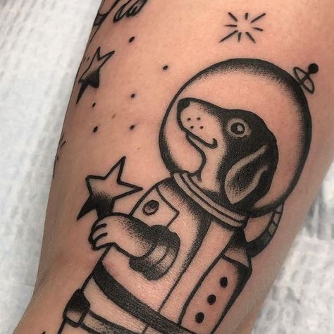 Courtney Kay O'Shea on Instagram: "Doggo-nauts thank you Catelyn!" Traditional Astronaut Tattoo, Moody Traditional, Astronaut Tattoo, Sleeve Ideas, Space Tattoo, Constellation Tattoos, Sleeves Ideas, Tat Ideas, American Traditional