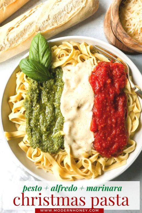 This Christmas Pasta is made with three popular sauces -- alfredo sauce, marinara sauce, and pesto sauce -- all tossed together with pasta. This Alfredo, Marinara, and Pesto Sauce Pasta is a surefire hit! Pesto Marinara Pasta, Dinner Pasta Recipes, Pesto Sauce Pasta, Christmas Eve Buffet, Buffet Menu Ideas, Popular Pasta Recipes, Multicultural Recipes, Christmas Pasta, Pasta Marinara