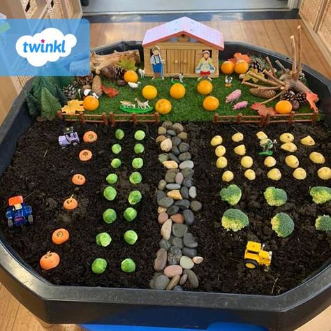 Harvest Tuff Tray and Small World Harvest Eyfs, Harvest Festival Crafts, The Enormous Turnip, Autumn Eyfs, Harvest Activities, Tuff Tray Ideas Toddlers, Healthy Food Activities, Harvest Crafts, Forest School Activities