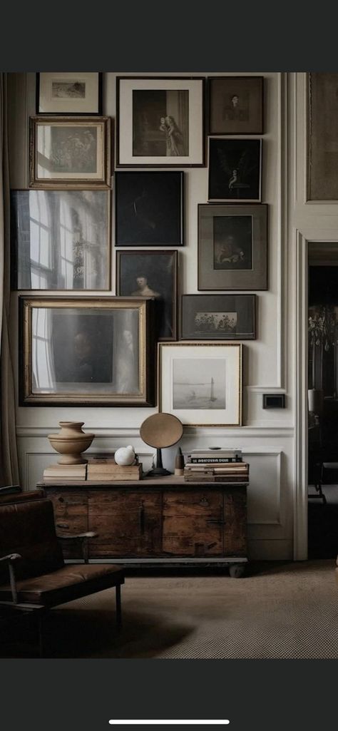 Full Gallery Wall, Picture Frames On The Wall Ideas, Tall Gallery Wall, Masculine Gallery Wall, Black Frame Gallery Wall, Office Room Wall Decor, Moody Gallery Wall, Gallery Wall Images, Black And White Gallery Wall