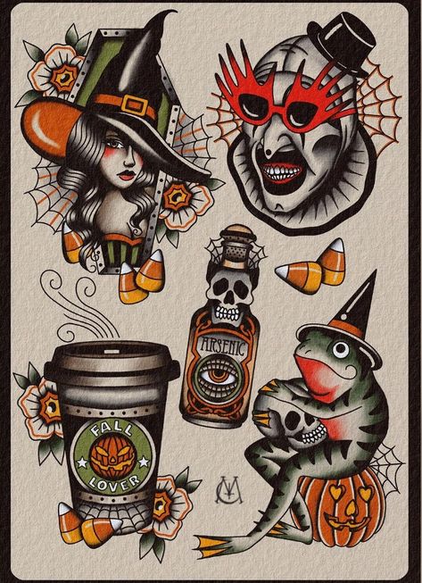 Pumpkin Trad Tattoo, Neo Trad Halloween Tattoo, American Traditional Tattoos Horror, Traditional Style Horror Tattoo, Trad Halloween Flash, Female Reaper Tattoo, Spooky Tattoos Traditional, Halloween Traditional Tattoo Flash, Old School Horror Tattoo