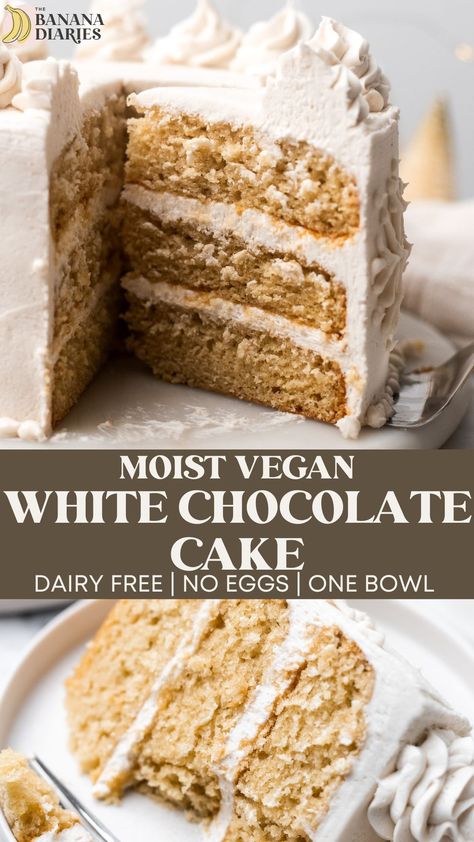 The ultimate vegan white chocolate cake recipe that doesn't taste vegan! It's entirely dairy free with a fluffy vegan white chocolate cream cheese frosting and easily decorated to be a fun and festive holiday cake! Best Dairy Free Cake Recipe, Vegan White Chocolate Cake, Vegan Cream Cake, Vegan Layer Cake Recipes, Healthy Vegan Cake Recipes, Vegan Sugar Free Cake, Vegan Cakes Recipe, White Chocolate Cake Recipe, Best Vegan Cake Recipe