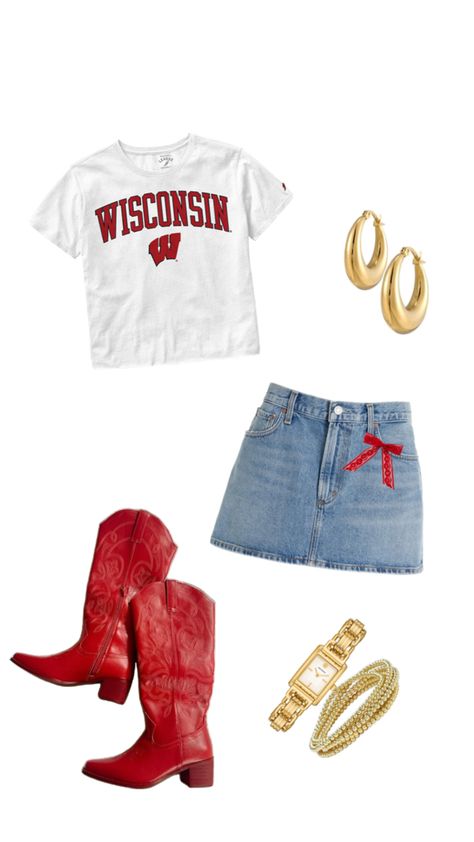 UW madison game day outfit red cowboy boots red hair bow Rush Week Outfits, Red Cowboy Boots Outfit, Red College, Cowboy Boot Outfits, College Gameday Outfits, Homecoming Outfit, Red Cowboy Boots, Uw Madison, Looks Country