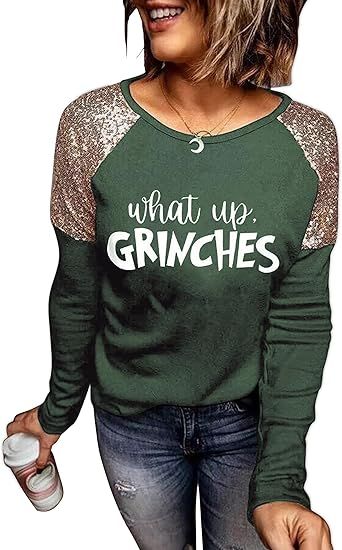 PRICES MAY VARY. Fit Type: Straight Shirt Form Type: t_shirt Fit type : Straight Green Blouse, Sequin Top, Ugly Sweater, Olivia Mark, Christmas Tshirts, Letter Print, Grinch, Christmas Shirts, Casual Chic