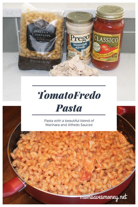 TomatoFredo! It's a funny word maybe, but it's a beautiful blend of alfredo and marinara sauces. Add in some chicken for a complete meal! This 4-ingredient pasta dish is a family favorite for dinner and is ready in about 20 minutes. #pasta Freezer Friendly Meals, Easy Snack Recipes, Frugal Meals, Marinara, Family Friendly Meals, Freezer Meals, Quick Dinner, Easy Snacks, Easy Dinner Recipes