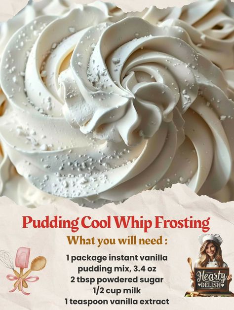 Icing Using Cool Whip, Better Cream Frosting, Icing Dip Recipe, Jello And Cool Whip, Whip Frosting, Pudding Frosting, Cool Whip Frosting, Icing Recipes, Frosting Recipes Easy