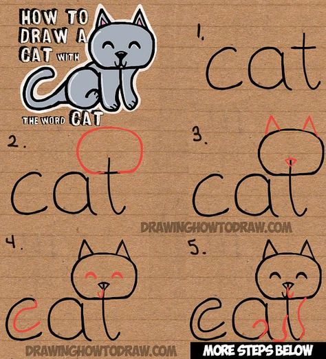 How to Draw a Cat from the word Cat Simple Step by Step Drawing Lesson for Children Trin For Trin Tegning, Ako Kresliť, Draw A Cat, Word Drawings, Word Cat, How To Draw Steps, Easy Drawing Tutorial, Drawing Tutorials For Kids, Drawing Tutorial Easy