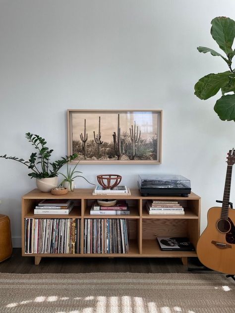 Record Credenza, White Oak Console, Vinyl Record Furniture, Vinyl Record Room, Living Room Vinyl, Mid Century Modern Room, Vinyl Room, Record Room, Record Storage