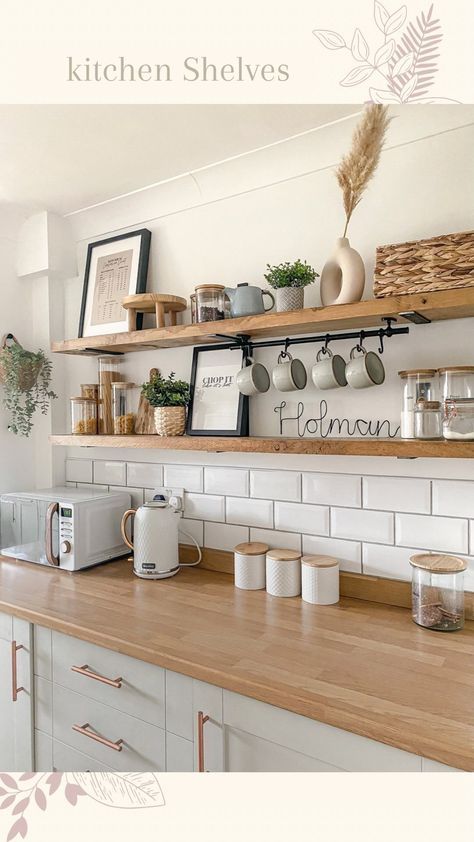 Kitchen Shelving Decor Ideas, Oak Shelves Kitchen, Kitchen Floating Shelves, Tiny Kitchen Design, Galley Kitchen Design, Japandi Home, Kitchen Shelf Decor, Kitchen Wall Shelves, Open Plan Kitchen Dining