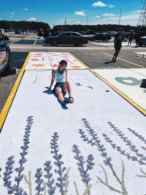 Sports Senior Parking Spot Ideas, Senior Parking Space Ideas Best Friends, Retro Senior Parking Spot, Parking Spot Painting High School Sports, Soccer Senior Parking Spots, Boho Senior Parking Spot, Unique Parking Spot Ideas, Senior Parking Spot Ideas Simple, Senior Parking Spot Ideas Chalk Easy