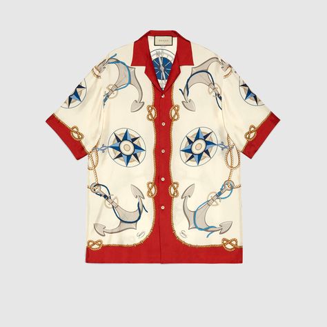 Nautical Print Oversize Bowling Shirt | GUCCI® International Dress Shirts For Men, Notes App, Gucci Shirt, Gucci Dress, Men Fashion Show, Concept Clothing, Bowling Shirt, Normal Clothes, Gucci Fashion