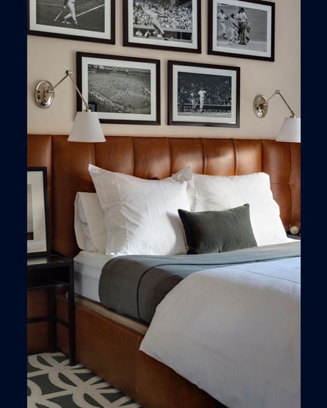 Elizabeth Bolognino on Instagram: “HIT || A Bedroom I designed for a #Yankees fan who loves Interior Design almost as much as #baseball (but may not admit it). ⚾️ 🦊” Bachelor Bedroom Ideas, Bachelor Pad Apartment, Masculine Bedroom Design, Bachelor Bedroom, Masculine Bedroom, Leather Headboard, Bedroom Decorating Ideas, Bedroom Design Ideas, Diy Headboard