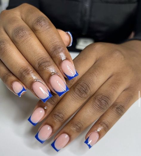 Dark Blue Nails Ideas Short, Royal Blue Nails Square Short, Dark Blue Nail Ideas Acrylic, Navy Blue French Tip Nails Short, Royal Blue Formal Nails, Silver And Royal Blue Nails, Short Blue French Tips, Blue Nails Short Square, Short Blue French Tip Nails