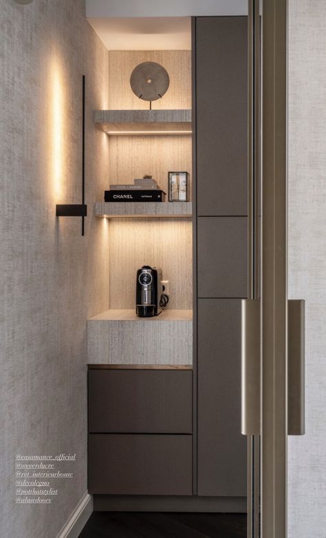 Coffee Station In Bedroom, Coffee Station Bedroom, Hotel Coffee Station, Bedroom Coffee Station, Bedroom Kitchenette, Home Bar Ideas, Coffee Cabinet, Coffee Stations, Loft Bathroom