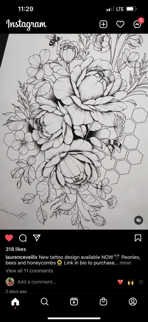 Flower Tattoo With Honeycomb, Floral Honeycomb Bee Tattoo, Tattoo Ideas Bees And Flowers, Honey Comb Bee Flower Tattoo, Honeycomb With Flowers Tattoo, Honeycomb Arm Tattoo, Bee And Honeycomb Tattoo Ideas, Tattoos With Peonies, Daisy And Peony Tattoo