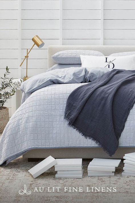 We've found your new favourite quilt for the cottage. Say hello to Lexington Stripe Navy, a coastal-inspired classi navy and white striped quilt. Shop beautiful bedding for your cottage or lake house at Au Lit Fine Linens. Navy Stripe Bedding, Stripe Bedding, Striped Quilt, Dye Fabric, Sleep Accessories, Quilted Pattern, Queen Quilt, Fine Linens, The Cottage