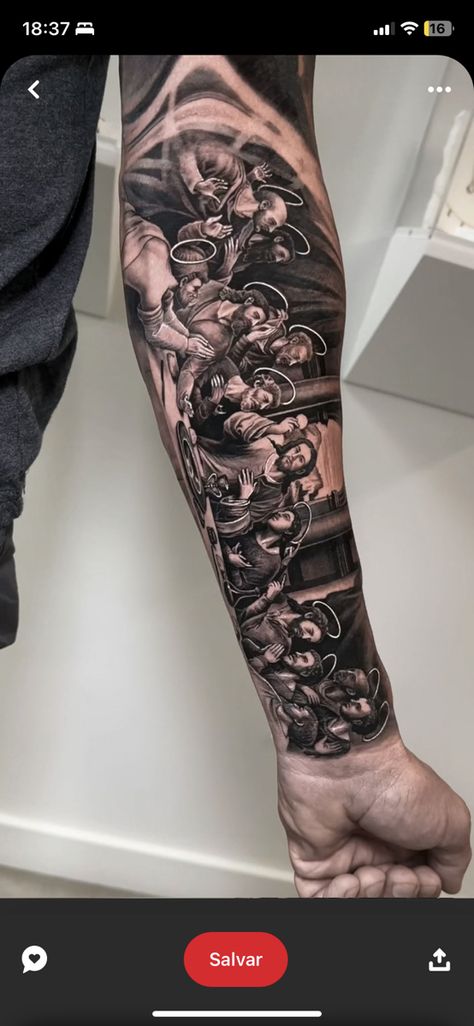 The Last Supper Tattoo Sleeve, Last Supper Forearm Tattoo, Black Last Supper Tattoo, Whole Sleeve Tattoo Men, Jesus Arm Tattoo, Jesus Sleeve Tattoo, Catholic Tattoos For Men, The Last Supper Tattoo, Jesus Tattoo Sleeve