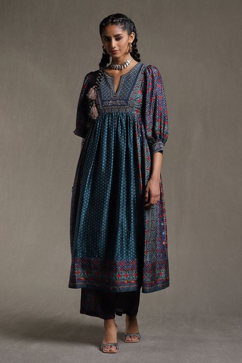 Shop for these amazing collections of Blue Kurta Viscose Print Chowki Bandhani And Embroidered Anarkali With Pant For Women by Ritu Kumar online at Aza Fashions. Ritu Kumar Suits, Bandhani Pattern, Bloom Embroidery, Bandhani Print, Cotton Anarkali, Blue Kurta, Embroidered Anarkali, Ritu Kumar, Pant For Women