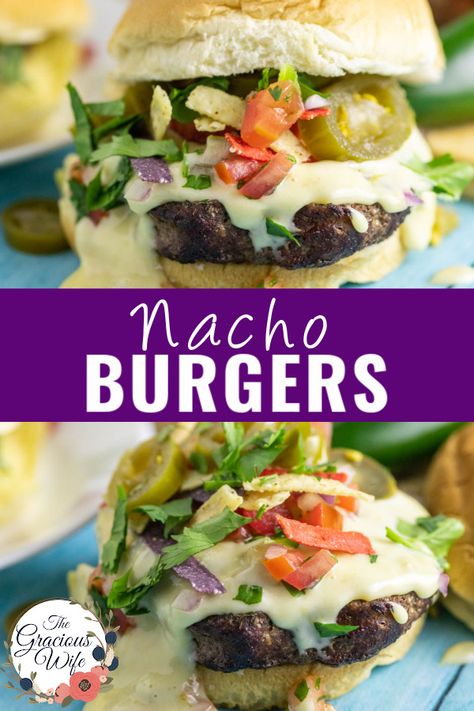 Gooey white queso, fresh homemade pico de gallo, and crispy tortilla chips piled high on top of a juicy BUBBA burger that these Nacho burgers makes a fun and zesty fusion combination. Nacho Burger Recipes, Queso Burger Recipe, Queso Burger, Nacho Burger, Wife Recipes, Burger Board, Bubba Burgers, Catering Recipes, Mexican Burger