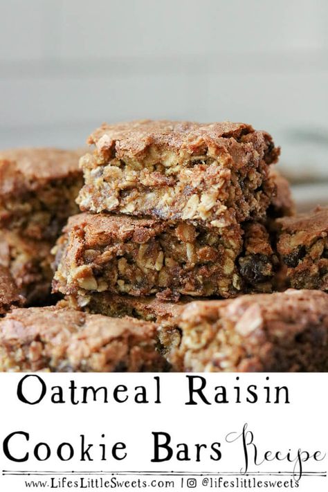 Oatmeal Raisin Cookie Bars are exactly like our favorite Oatmeal Raisin Cookies, only in bar form. They are about 1 inch thick, sweet with brown sugar and raisins, and deliciously satisfying! #oats #oatmeal #cookiebars #dessert #sweet #raisins #lifeslittlesweets Oatmeal Raisin Dessert, Oatmeal Raisin Squares, Healthy Raisin Recipes, Oatmeal Raisin Bar Cookies, Healthy Oatmeal Raisin Bars, Oatmeal Raisin Cookie Bars Recipes, Oatmeal Bar Cookies Recipes, Oatmeal Raisin Bars Recipe, Raisin Bars Recipe