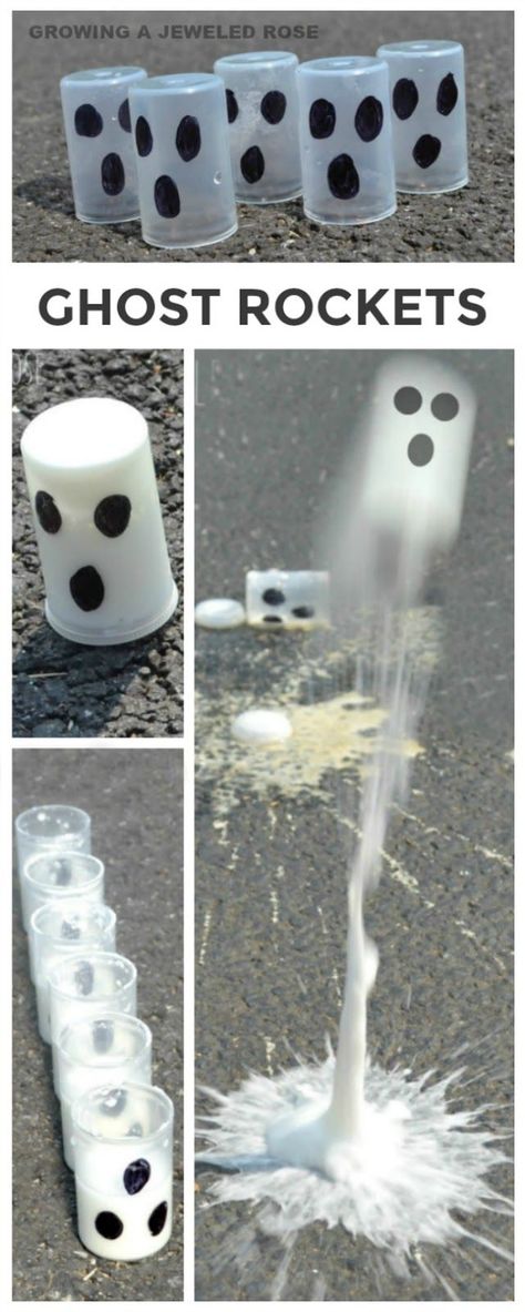 Flying Ghost Rockets- these rockets fly high into the air.  FUN Fall Science… Ghost Rockets, Vetenskapliga Experiment, Fall Science, Flying Ghost, Halloween Science, Rockets For Kids, Kid Experiments, Halloween Preschool, Preschool Science