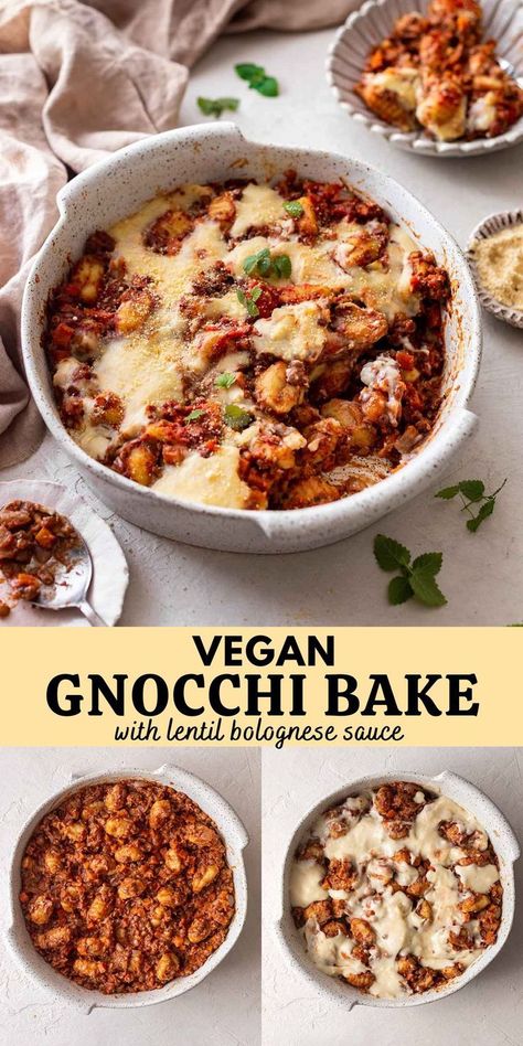 Vegan gnocchi bake with a lentil bolognese sauce and creamy bechamel sauce! This baked gnocchi is easy to make and the perfect vegan comfort food. Bechamel Sauce Easy, Vegan Pasta Noodles, Vegan Gnocchi, Gnocchi Bake, Healthy Vegan Dinner Recipes, Vegan Pasta Dish, Lentil Bolognese, Vegan Bolognese, Healthy Vegan Dinner