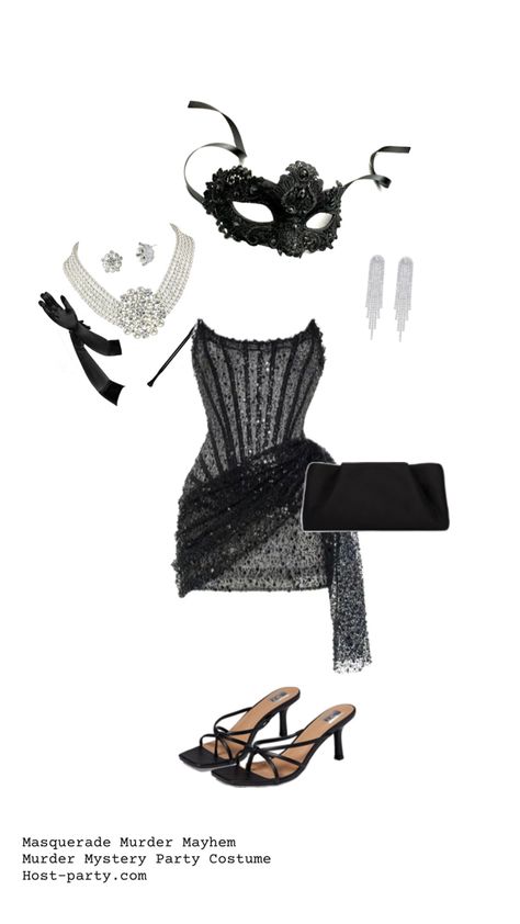 Halloween costume female masquerade black mask black sequin dress elegant fancy silk gloves black high heels dress up Plus Size Masquerade Party Outfit, Masquerade Outfit Ideas For Women Party, Masquerade Outfit Ideas Dress To Impress, Masquerade Theme Party Outfit, Masquerade Birthday Party Ideas, Mascarade Party Outfit, Masquerade Party Ideas, Mystery Party Games, Masquerade Party Outfit