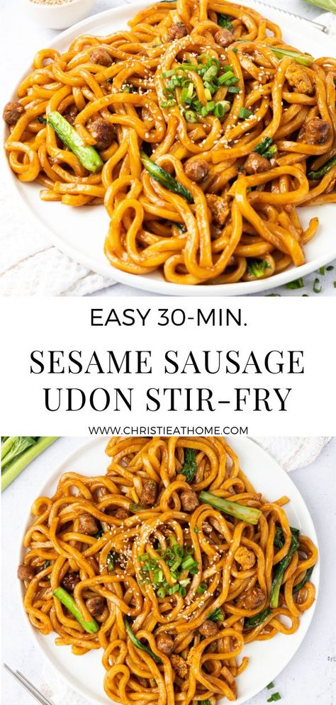 Sesame Sausage Udon Stir-fry. Chewy thick udon noodles stir-fried in a sweet savoury sesame sauce with sausage, egg and leafy greens. An Asian-fusion noodle dish that will keep you coming back from more because it is so delicious! A great option for a quick and easy dinner or lunch. Ready in just 30-minutes or less! #dinner #noodles #noodle #asianfood #asianrecipes #asiandish #asiannoodles #lunch #easyrecipes #quickrecipes Asian Egg Noodle Recipes, Sausage Noodles, Salad Lovers, Sausage Stir Fry, Udon Stir Fry, Dinner Noodles, Dinner Party Dishes, Noodle Dish, Sesame Sauce