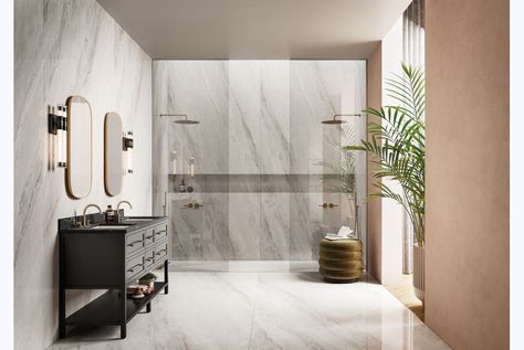 Magnifica Encore Slab Luxury Shower Ideas, Bedrosians Tile, Porcelain Slab, Luxury Shower, Bathroom Photos, Remodeling Projects, Facades, Large Format, Vinyl Flooring