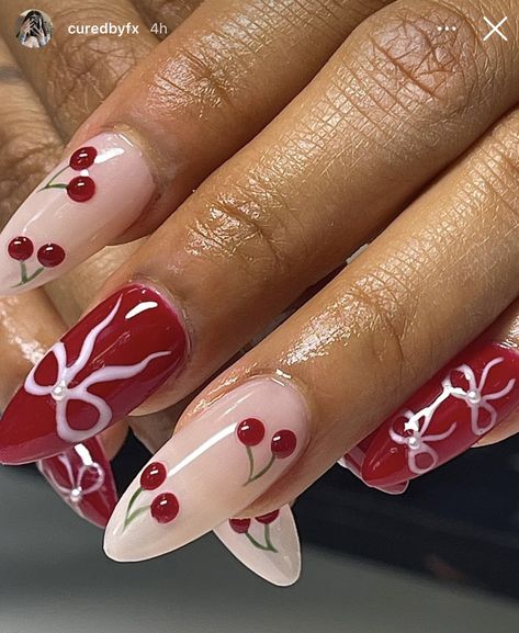 Red Graphic Nails, Valentines Almond Nails Designs, Valentines Nails Unique, Valentines Day Nails Cherry, Red Cherry Nail Designs, Nails Designs With Gems, Valentines Nails 2024, Cherry Design Nails, Ferrari Nails