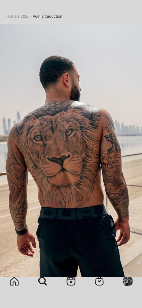 Memphis Depay Tattoo, Lion Tattoo Back, Lion Tattoo On Leg, Jack Daniels Tattoo, Lion Back Tattoo, Daniel Tattoo, Pop Culture Tattoos, Culture Tattoos, Memphis Depay