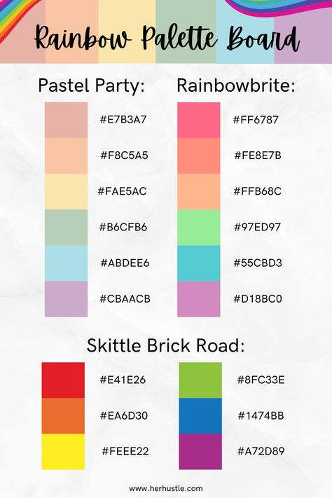 Rainbow hex palette board for digital designs. Boho Rainbow Color Palette Hex Code, Calm Rainbow Classroom, Rainbow Color Palette Hex Codes, Rainbow Palette, Hex Color Palette, Color Palette Challenge, Color Schemes Colour Palettes, Hex Codes, Hex Color Codes