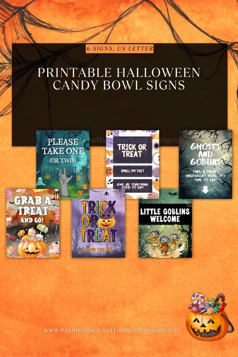 Are you not going to be out on Halloween night? Tired of constantly opening the door for trick-or-treaters? Do you want to enjoy your Halloween without the hassle? Our printable candy bowl signs are the perfect solution! These spooky fun signs will let your little ghosts, goblins, and witches know that the treats are out and ready for them to grab. Let the little ones have fun while you relax and enjoy your Halloween. With our printable candy bowl signs, trick-or-treating can be a breeze! Halloween Candy Bowl, Halloween Printable, Fun Signs, Printable Halloween, Candy Bowl, Time To Eat, Trick Or Treater, Sell Online, Halloween Printables