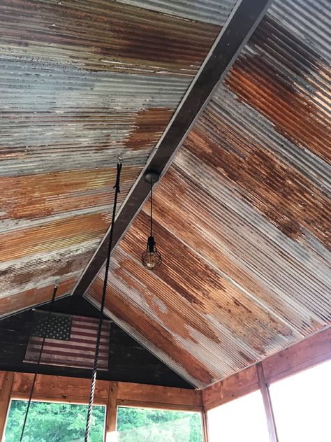 Rustic Corrugated Metal Wall, Corrugated Metal Interior Walls, Metal On Ceiling, Galvanized Steel Ceiling, Tin Wall Ideas, Rustic Metal Ceiling, Corrugated Metal Fireplace Surround, Corigated Metal Ceiling, Coragated Metal Ceiling Ideas