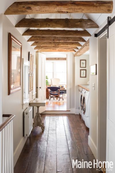 Wood Beams in a Hallway Bathroom {New England Farmhouse Maine Home + Design Magazine} Rancher Remodel, Farmhouse Floors, England Farmhouse, House Entry, Wooden Beams Ceiling, New England Farmhouse, Home Design Magazines, Disney Kingdom, Casa Country