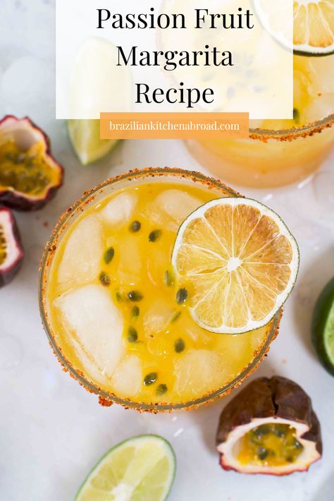 Margaritas are a great tropical cocktail, and this Fresh Passion Fruit Margarita recipe is a delicious version that's easy to whip up any day of the week. Made with simple ingredients, this colorful cocktail tastes like a vacation in a glass! Recipe makes about 2, but is easily doubled, tripled and quadrupled to serve a crowd. Spicy Passion Fruit Margarita Recipe, Spicy Passion Fruit Margarita, Fruit Margarita Recipe, Passion Fruit Margarita Recipe, Tapas Night, Passion Fruit Margarita, Fruit Margarita, Classic Margarita Recipe, Homemade Margaritas