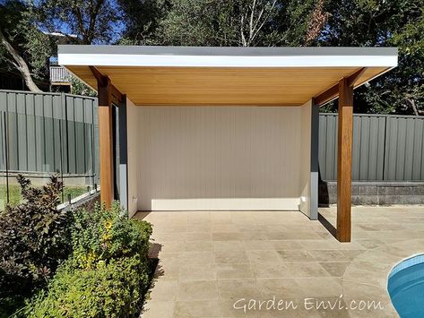 Pool Cabana with beautiful Spotted Gum Posts and Beams, walls and ceiling have all hidden fixings. Simple Pool Cabana, Pool Cabana Ideas, Cedar Ceiling, Decks Around Pools, Simple Pool, Pool Cabanas, Poolside Cabana, Pergola Diy, Pool Cabana