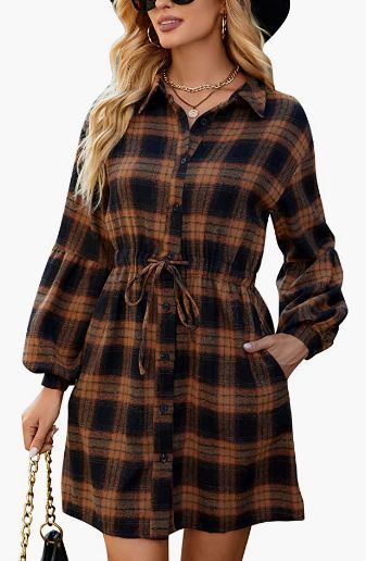 Womens Plaid Dress Flannel Puff Sleeve Dress Button Down Casual Lazy Fall Outfits, Womens Plaid Dress, Shirt Dress Fall, Long Sleeve Dresses Fall, Plaid Dresses, Plaid Flannel Dress, Dresses Casual Fall, Flannel Dress, Button Down Shirt Dress