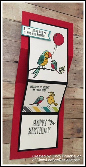 SU Bird Banter Fun Fold for Creating Pretty Cards # 78 | Created by Cindy Brumbaugh of CindyLeeBee Designs.com Bird Banner, Bee Designs, Fancy Fold Card Tutorials, Belated Birthday Card, Fun Folds, Paper Toy, Shaped Cards, Belated Birthday, Whisper White