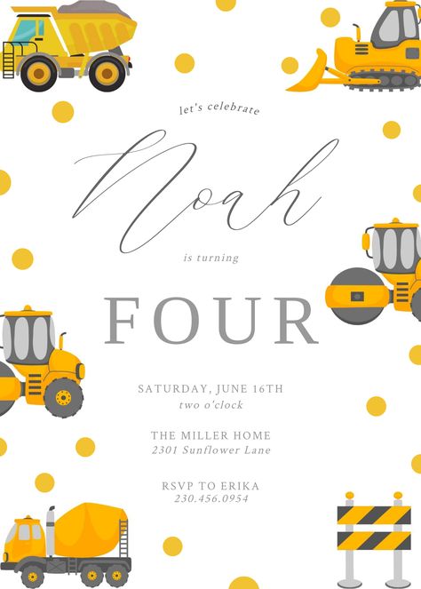 Construction Truck Party Invitation Construction Invitations, Dump Truck Birthday, Construction Birthday Party, Bio Data, Miller Homes, Construction Birthday Parties, Construction Birthday, Dump Truck, Birthday Party Invitation