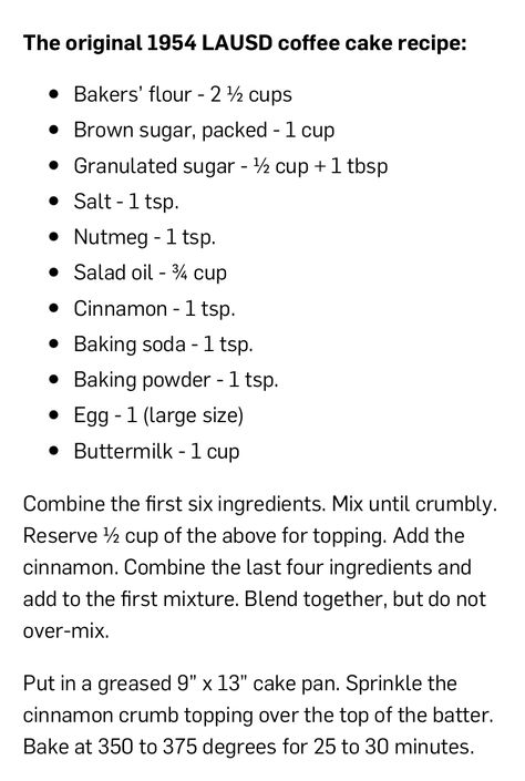 Lausd Coffee Cake Recipes, La Unified School District Coffee Cake, Lausd Recipes, Lausd Coffee Cake, School Cafeteria Spaghetti Recipe, Homemade Coffee Cake Recipe, Waffle Batter Recipe, Buttermilk Coffee Cake, School Cafeteria Food