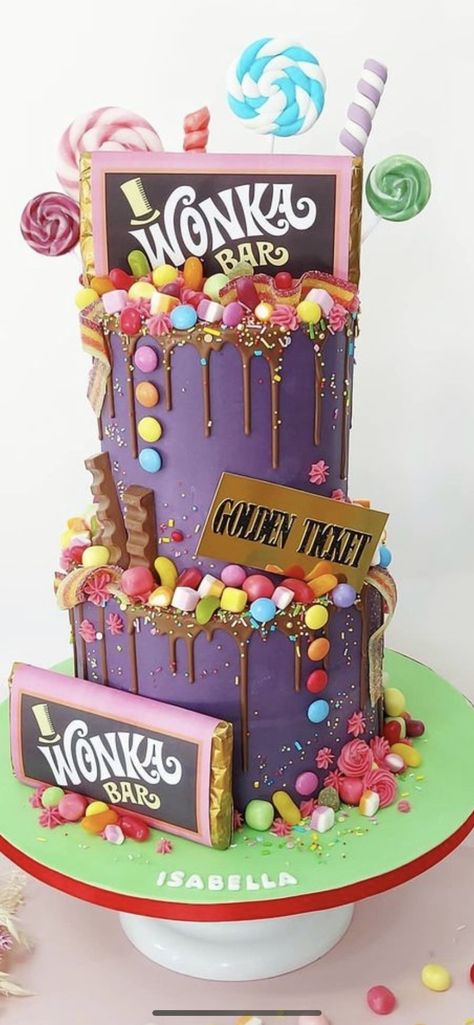 Willie Wonka Cake, Wonka Cake Ideas, Willy Wonka Baby Shower Ideas, Charlie And The Chocolate Factory Cake, Wonka Birthday Cake, Felix Cake, Charlie And The Chocolate Factory Party, Wonka Birthday Party Ideas, Willy Wonka Cake