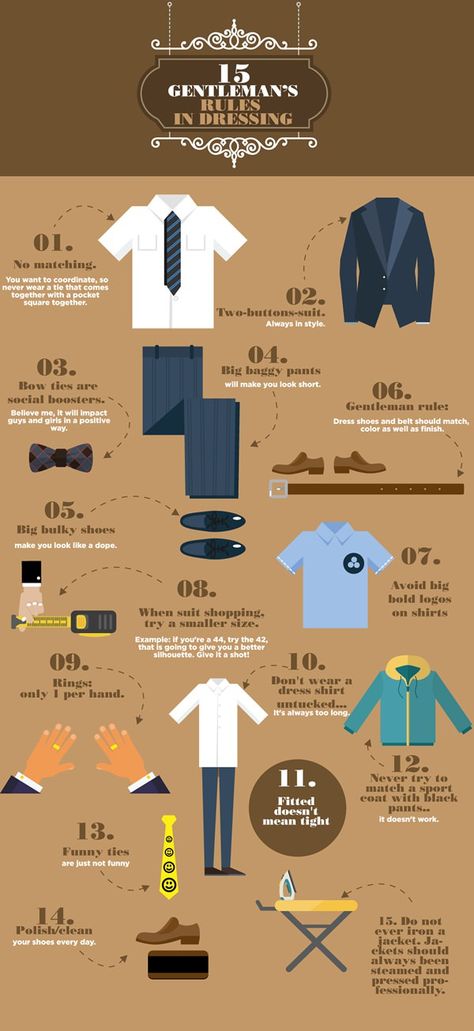 15 Gentleman's Rules In Dressing Fashion Infographic, Gentleman Rules, Der Gentleman, Mode Tips, Vintage Pin Up, Men Style Tips, Urban Wear, Fashion Streetwear, Gentleman Style