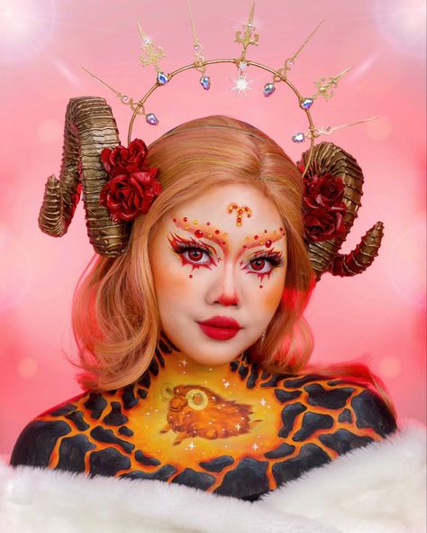 Aries Makeup Look, Aries Costume, Aries Cosplay, Aries Makeup, Zodiac Makeup, Aries Art, Halloween Makeup Inspiration, Photoshoot Makeup, Fairy Makeup