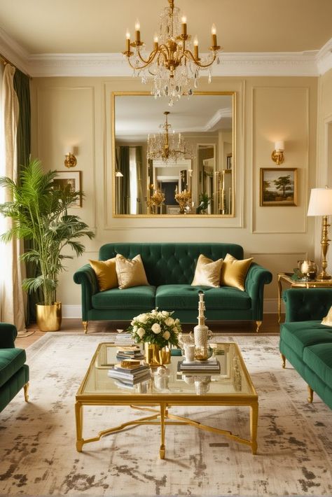 Emerald Sitting Room, Green Gold Living Room Decor, Green And Brass Living Room, Bridgerton Living Room, Living Room Decor White Walls, Green Sofas Ideas Living Room, Gold And Green Living Room, Emerald Green And Gold Living Room, Tan And Green Living Room