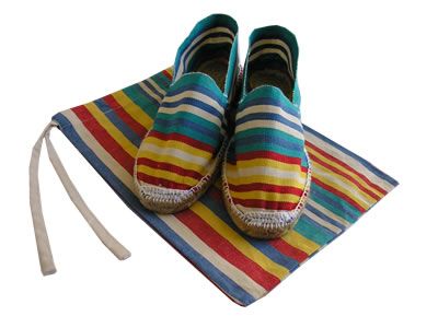 Striped espadrilles with drawstring bag to keep them in and keep your suitcase clean and tidy ! available in 4 different stripes with matching tote bags Accessories For Beach, Beach Home Interiors, Striped Espadrilles, Big Sunglasses, Fabric Trimmings, Gold Sandals, French Blue, Beach Accessories, Red And Yellow