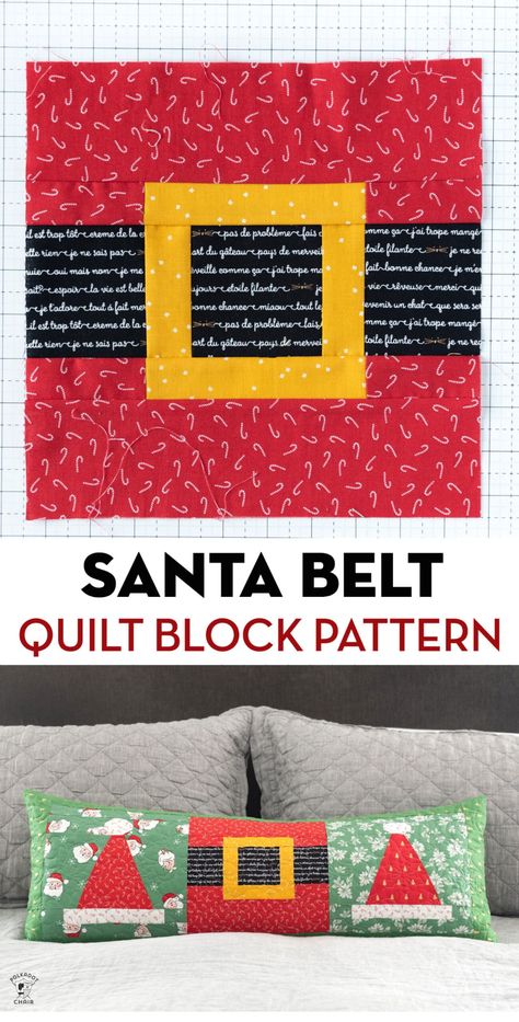 Create a cute Santa Belt Quilt block for a Christmas Quilt with our free quilt tutorial and pattern. Santa Quilt Block Free Pattern, Easy Christmas Quilts, Poinsettia Quilt Block, Christmas Quilt Projects, Ornament Quilt Block, Christmas Quilt Blocks Free Pattern, Potholder Quilt, Christmas Runners, Santa Quilt