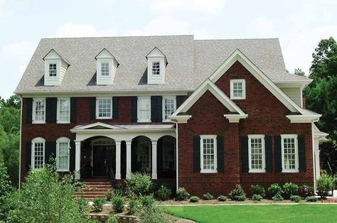 Colonial House Plan with 4231 Square Feet and 5 Bedrooms from Dream Home Source | House Plan Code DHSW43213 Red Brick Black Shutters, House Pic, Grand Room, Colonial Style House Plans, Colonial House Plans, Black Shutters, House Shutters, Exercise Room, Colonial Style Homes