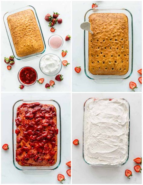 Strawberry shortcake poke cake is a delightful combination of yellow cake, fresh strawberries, strawberry gelatin, homemade strawberry topping and a light and fluffy creamy whipped topping. It is the perfect delicious dessert! This strawberry poke cake is a crowd pleaser that will be a hit at any party or gathering!